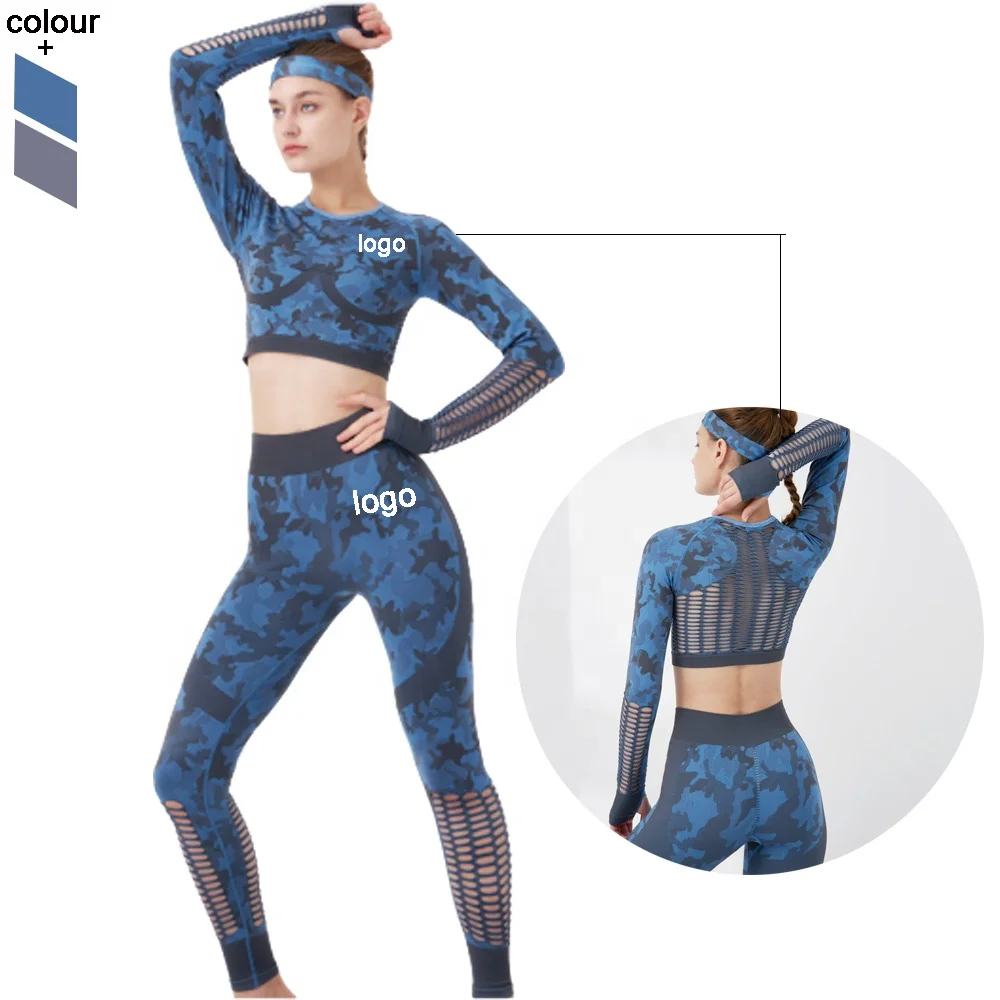 Женский дышащий комплект для спортзала из 2 предметов, бесшовный сетчатый Камуфляжный комплект с длинным рукавом и костюмы для йоги