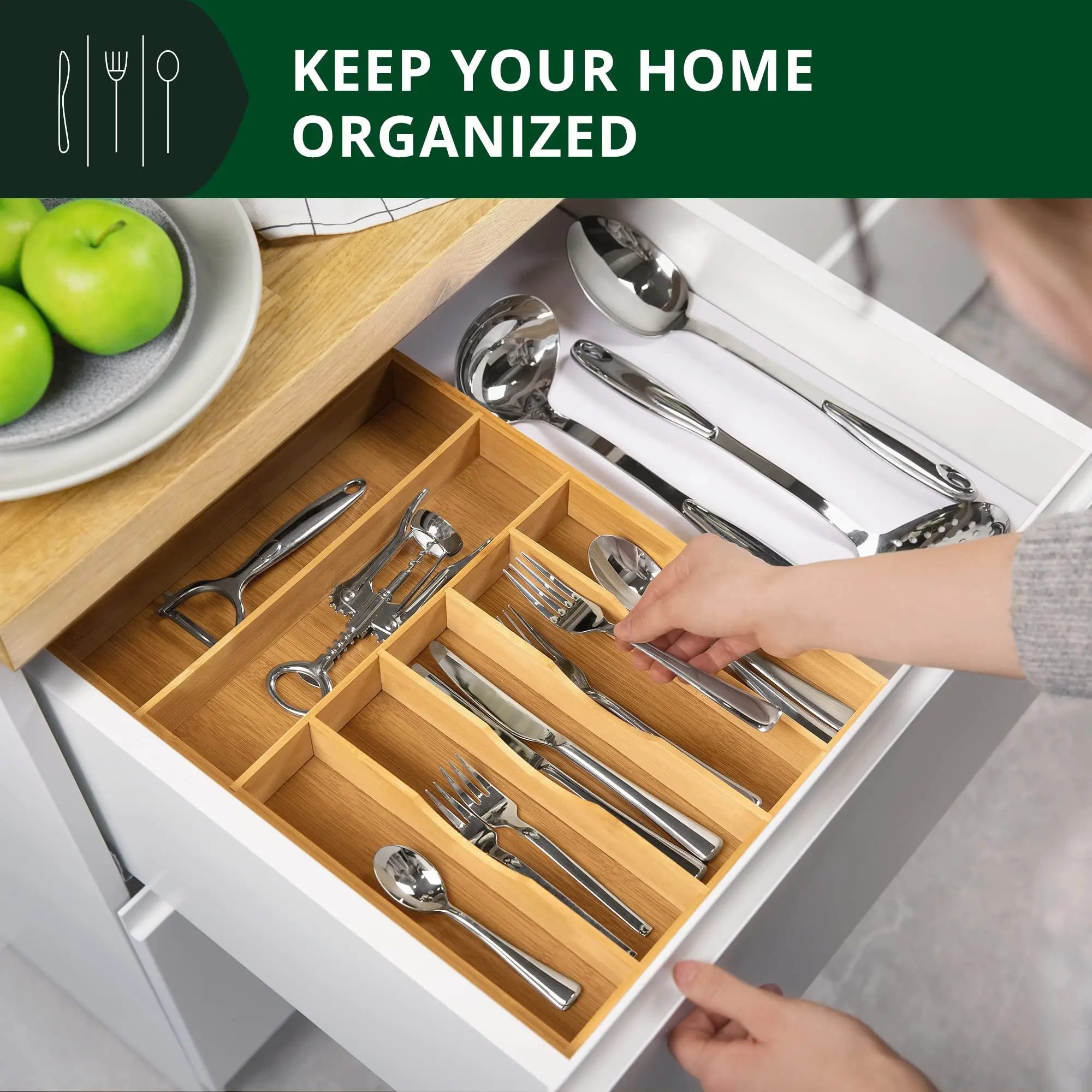 Wood Tray Organizer Bamboo Kitchen Drawer Organizer Silverware Utensil Holder Cutlery Tray  Utensil Storage Cabinet Organizers