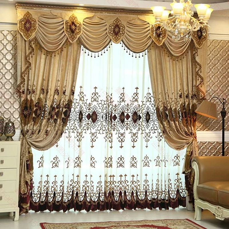 European luxury villa curtains set black out  water-soluble chenille hollow embroidery valance window curtains living room