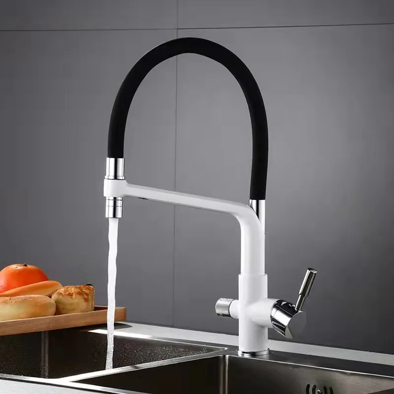 High Quality Deck Mounted Hot Cold Brass 3 Way Kitchen Filter Faucet With Pull out Sprayer
