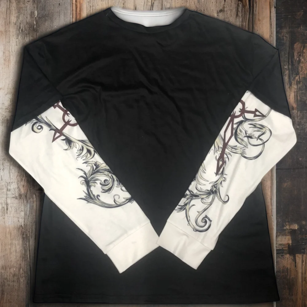 Custom Wholesale Patchwork Vintage Graphic Long Vintage Letter Print Cotton Feel Double Layer Long Sleeve T-Shirt