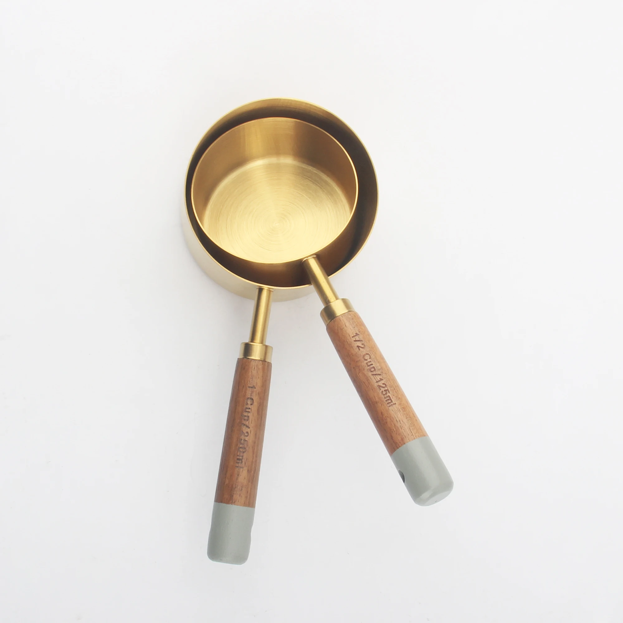 High Quality Gold Baking Measuring Cup Stainless Steel for Kitchen Tool Acacia Wooden Handle Spoons Set