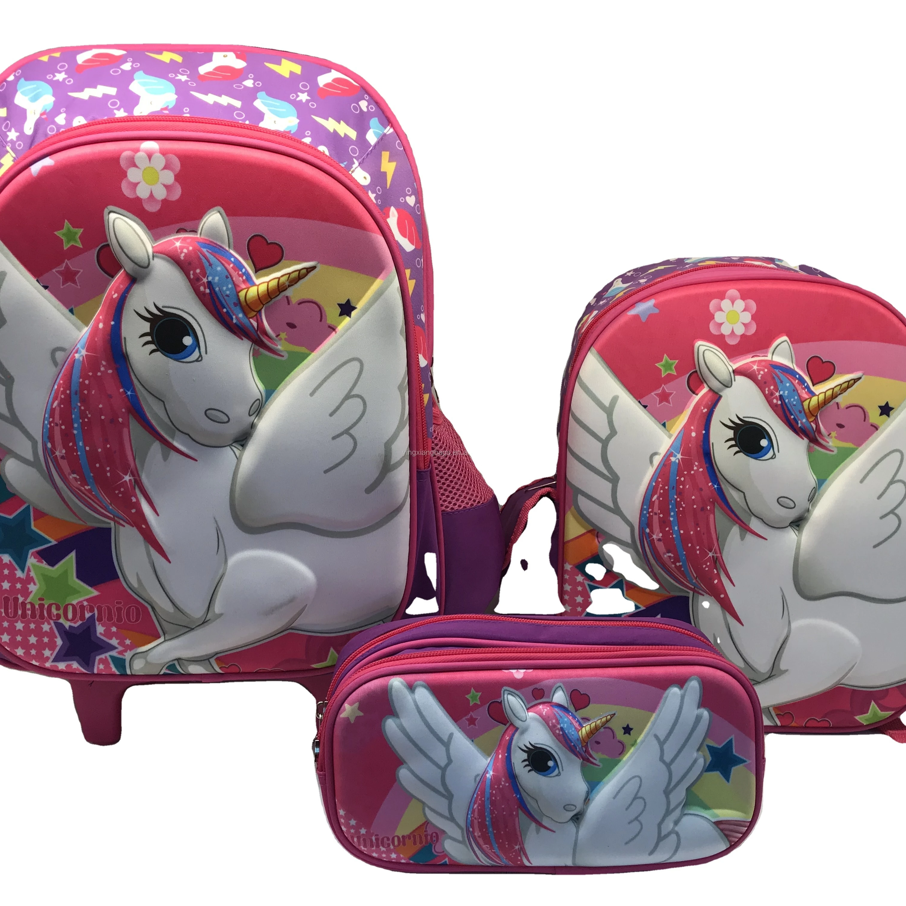 3D EVA Unicorn set bag with trolley school bag,pencil case and school bag for kids and girls