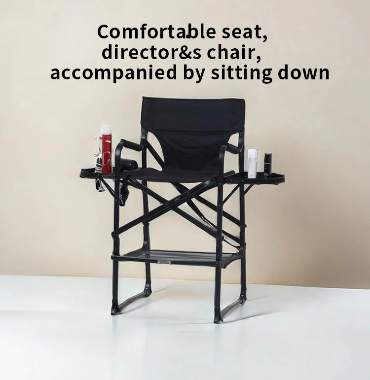 An aluminum folding chair and a special makeup chair for makeup artists perfect for outdoor use or in trendy studios