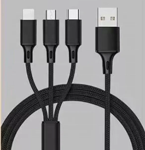 Black Quick charge 3A 3 in 1 USB charging Nylon Cable with Metal housing