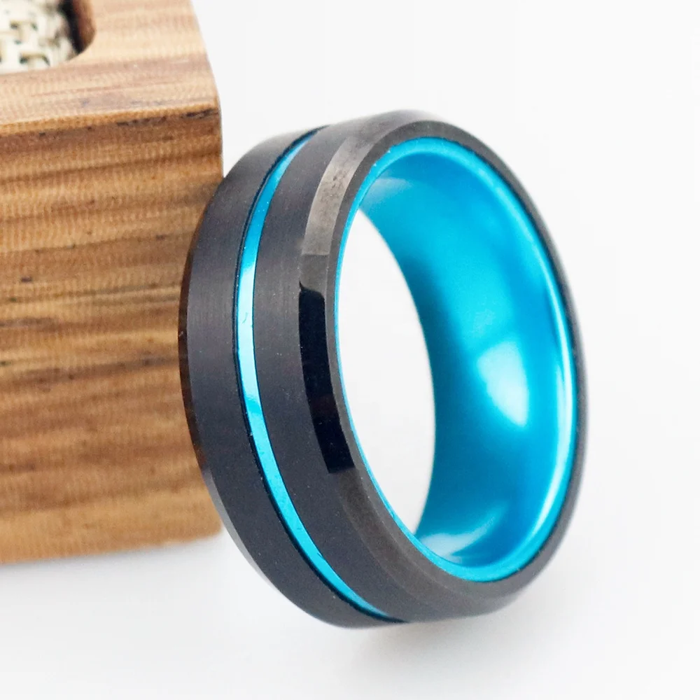 POYA Black Tungsten Blue Anodized Aluminum Sleeve Inlay Ring 8mm Two Tones Men Wedding Band