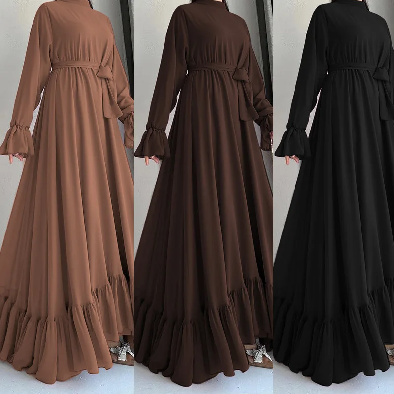 Middle East Muslim New Solid Color Waist Round Neck Dress Islamic Turkey Abaya New Swing Fashion Long Dress 7305
