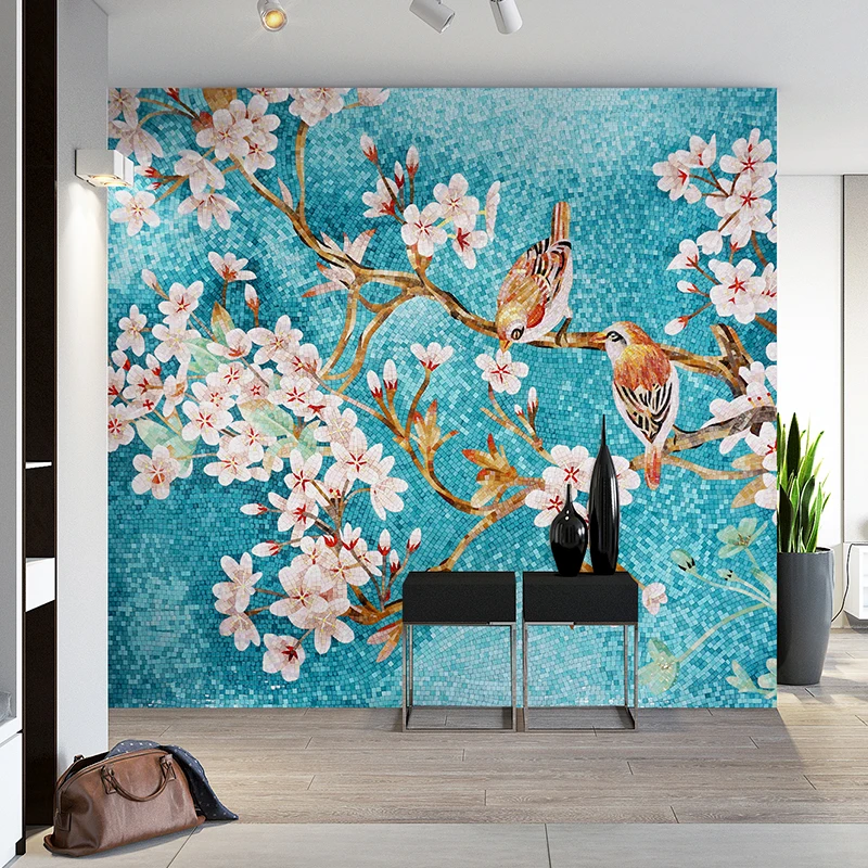 Hand Made Flower and Birds Pattern Art Design Glass Mural Mosaic Picture Decorative Tiles for Wall