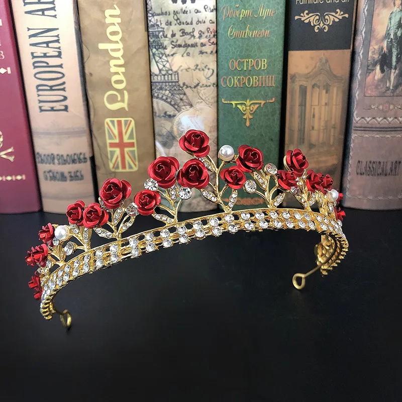 Bridal Accessories Wedding Gold Crown Pearl Red Rose Flower Crystal Tiaras