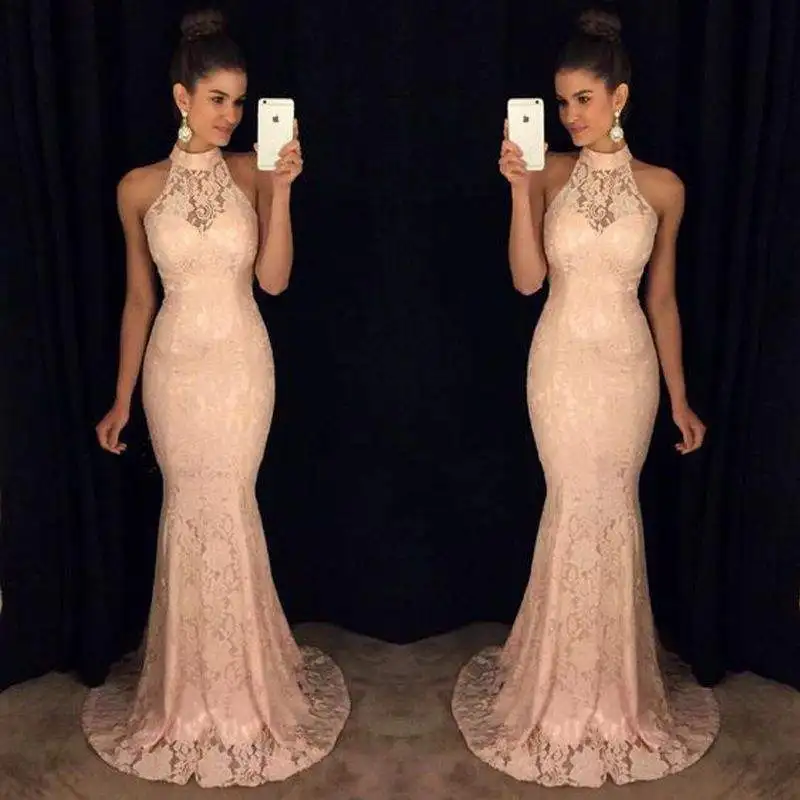 Sleeveless hanging neck mermaid dress female Amazon bridesmaid dress wedding lace evening dress