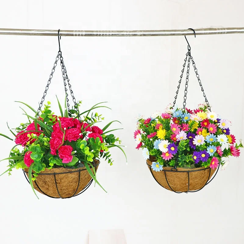 JD-F162 Hanging Flowers in Basket for Patio Lawn Garden Decor,Coconut Lining Hanging Baskets with Artificial plant