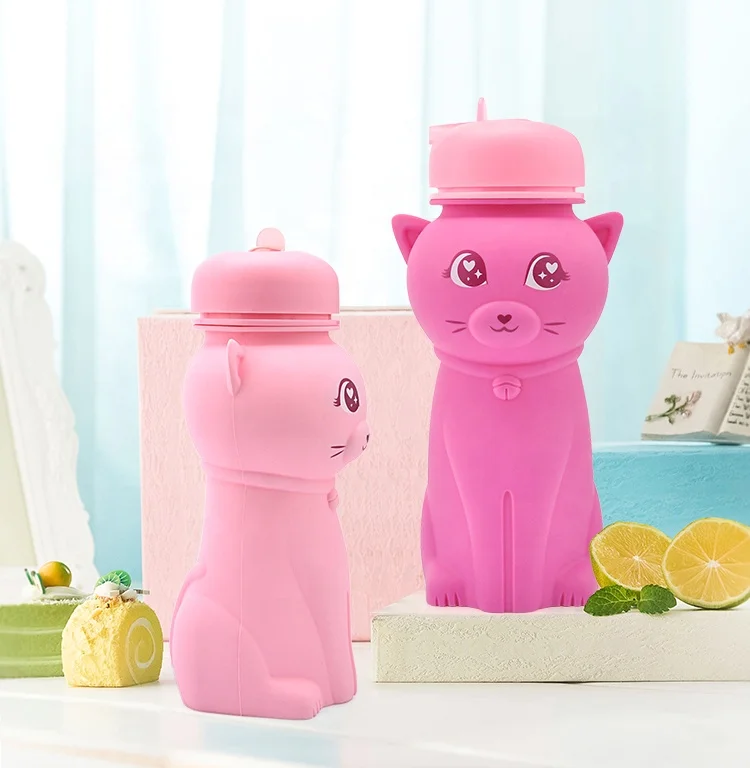 Новый продукт 3d силиконовая посуда в форме кошки силиконовые бутылки для питья из силикагеля Складная спортивная резиновая бутылка воды с логотипом на заказ