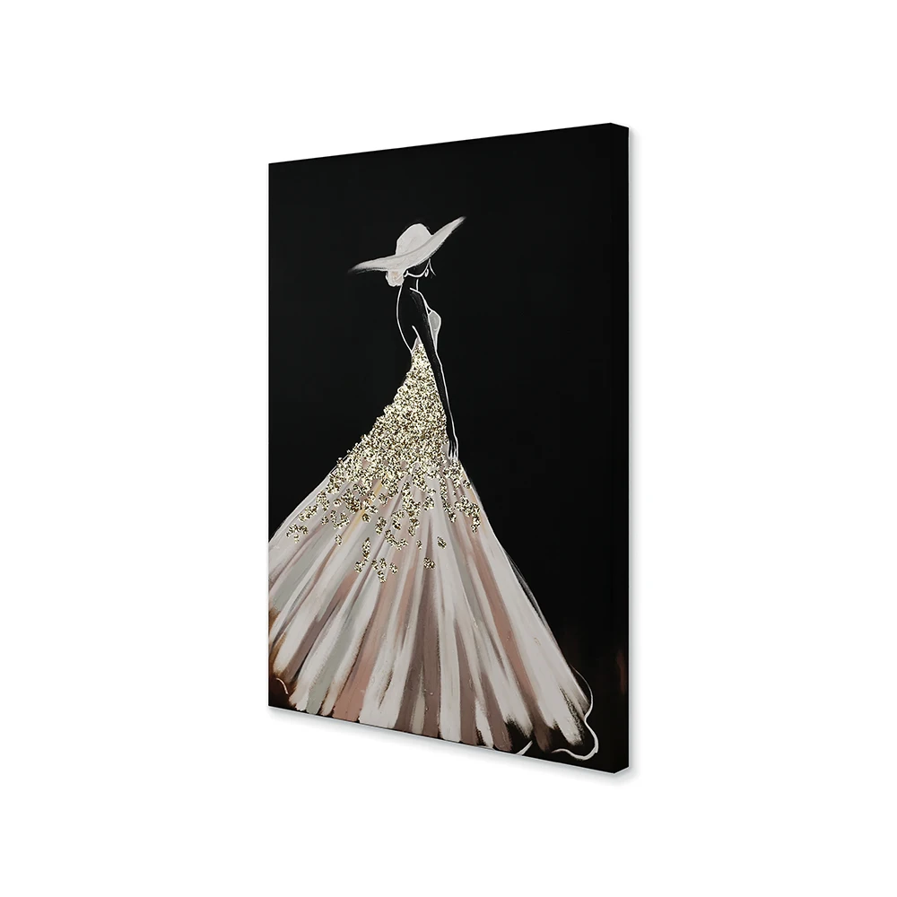 Modern Hand Painted Gold Glitters Dress Stretched Canvas Abstract Figure Artwork Home Decor Print On Canvas Custom Art Prints