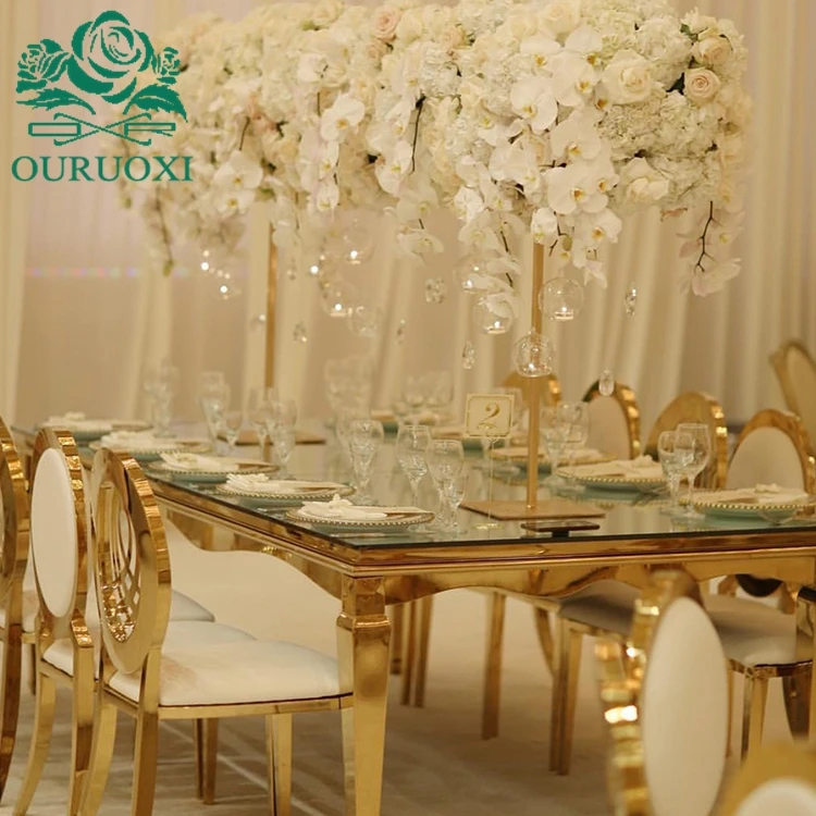 Wedding Gold Mirror Glass Stainless Steel Dining Rose Gold Table wedding rent hotel table