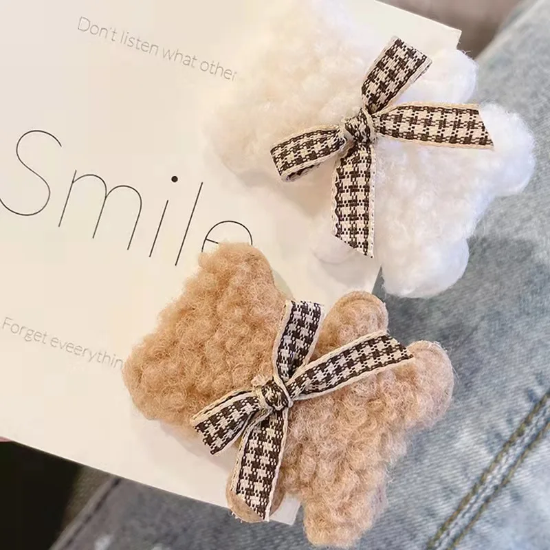 Korean plush bear hairpin Lovely simple side clip girl hairpin hair clip set kids hair accessories