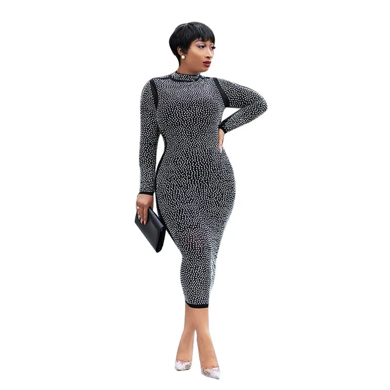 Long Sleeve Sexy Women Party Pink Rhinestone Wear Bodycon Gown Mermaid Dresses Party Elegant Ladies For Evening Dresses