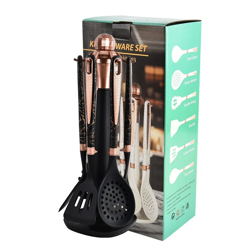 HYRI 7-Piece Cooking Utensils With Rotating Storage Rack Set Black Spray Dot Non-Stick Cooking Spatula Set Kitchen Accessories