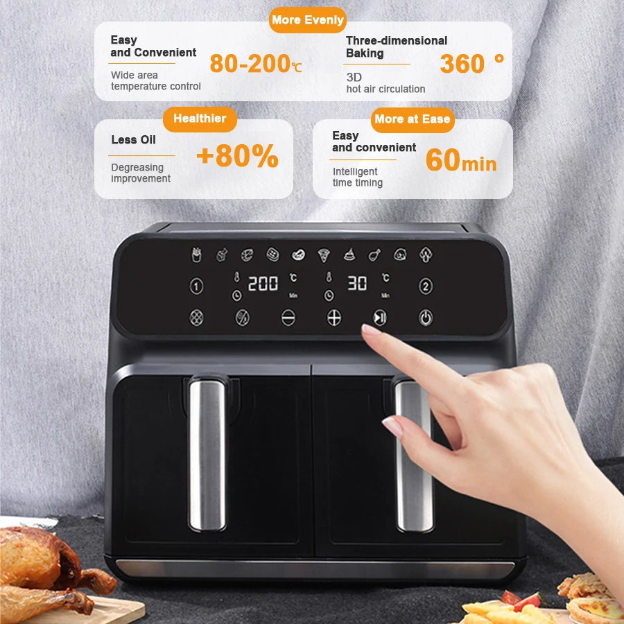 Professional 4L+4L Large Capacity 8 Liters Air Fryer De 8L Dual Drawer Zone Smart Square Air Fryers with Two Basket