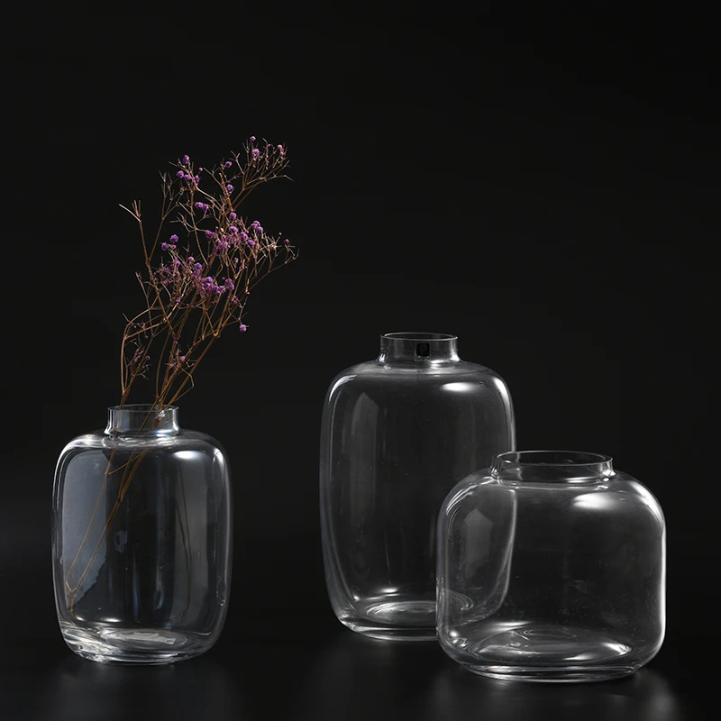 Flower jar with round corner hand made mouth blown transparent glass flower art vase Chinese manufacture