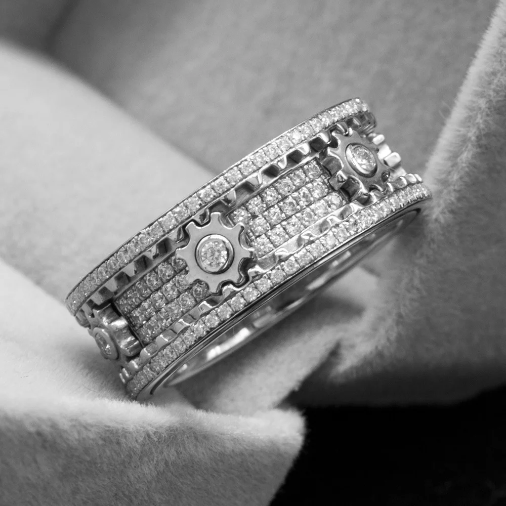 LETMEXC Hot Sale Custom Wheel Of Life Full Diamond Gear Ring Moissanite D Color VVS1 925 Silver Couple Rings