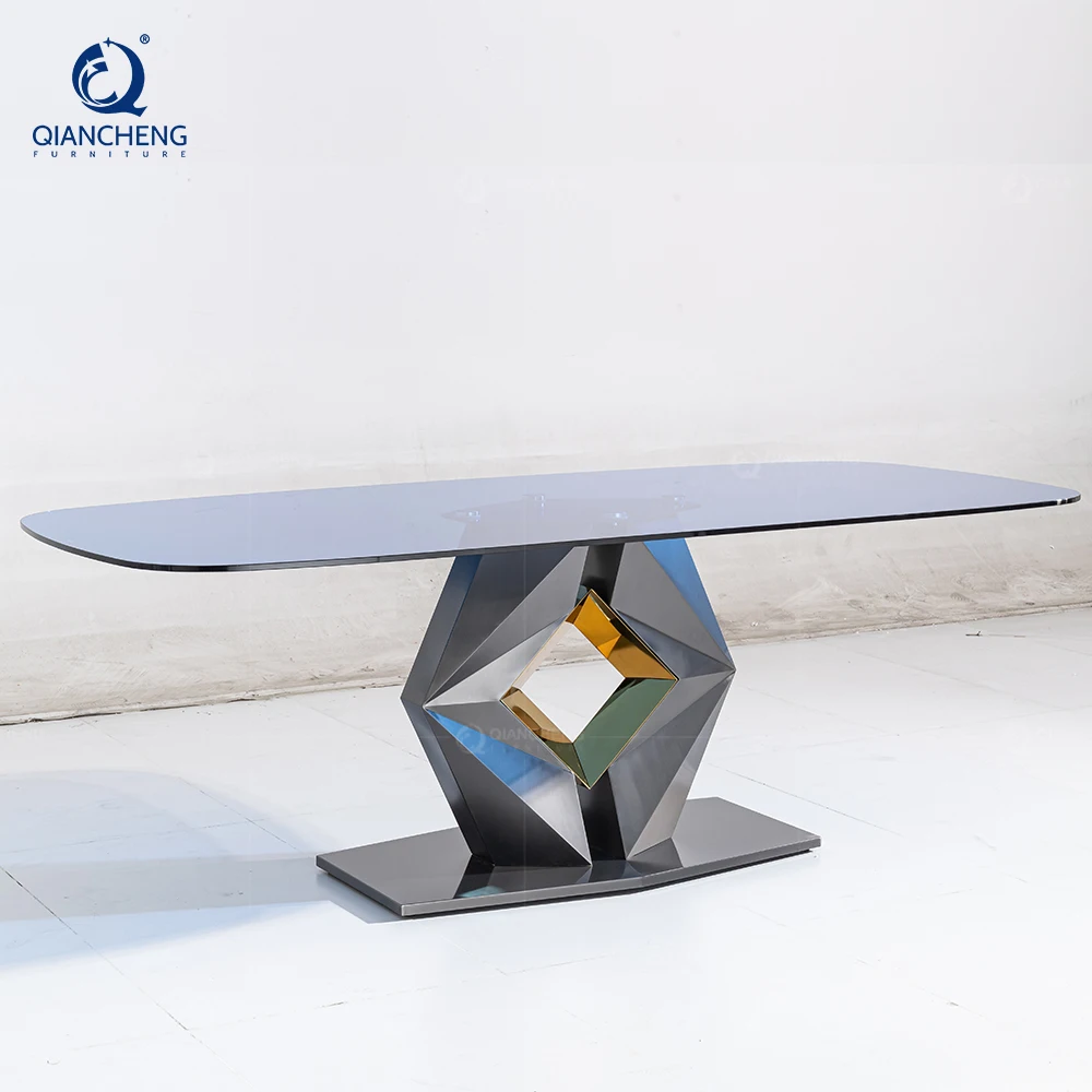 Modern living room furniture Tempered glass top 8 Seater Dining Table with stainless steel base tables for home