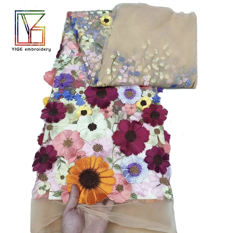 3D Flower French tulle Lace Applique African Embroidery bridal Fabric For Wedding