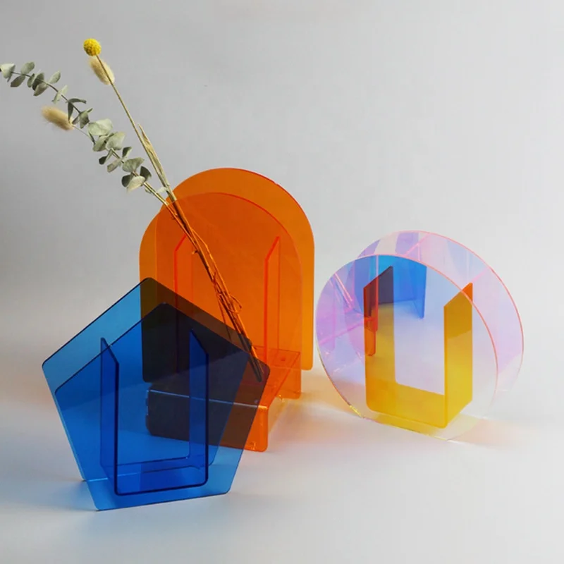 Color acrylic vases, transparent vases in geometric modeling, tabletop decoration mirror flower arranger