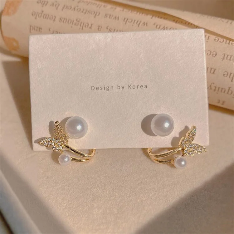 S925 Silver Needle Fish Tail Pearl Earrings Full of Diamond Earstuds Female
