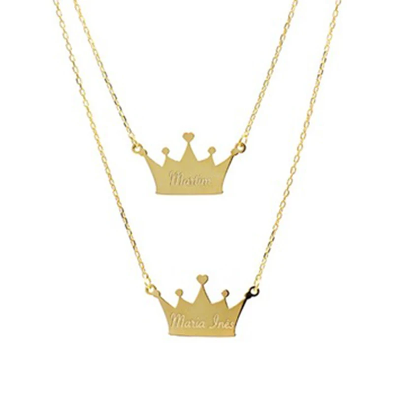 Hot Selling Dainty Custom Crown Charm Pendant Personalized Name Engrave Wedding Necklace Jewelry King Queen Layered Necklace