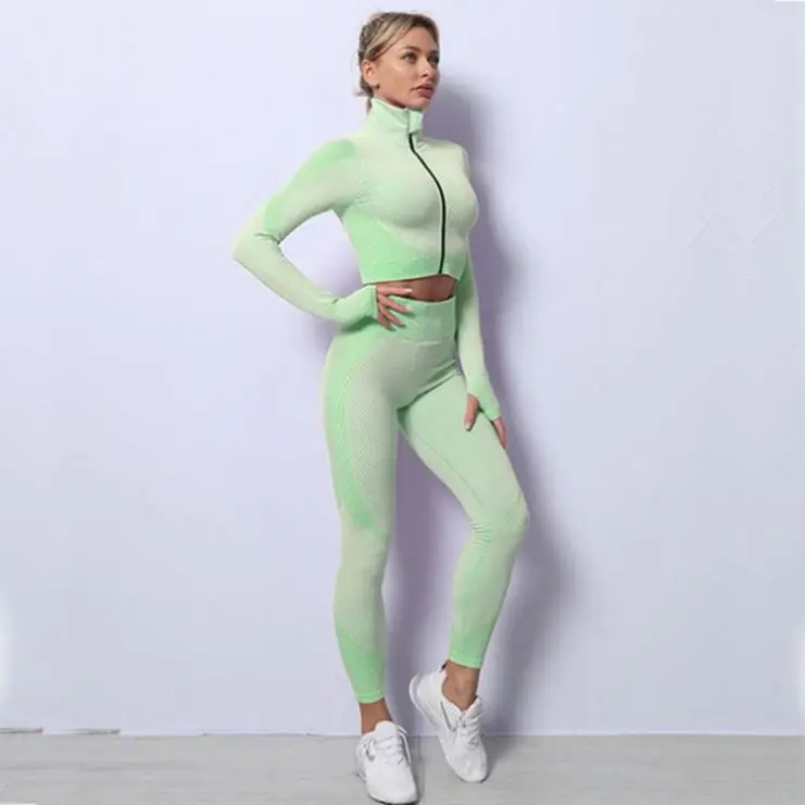 Fancy Seamless Knit Hip Lifting Fitness Gym Wear Sets Women Yoga 3 pcs set