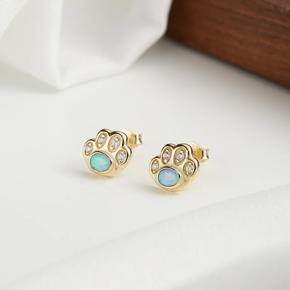 RINNTIN SE402 925 Sterling Silver Opal Zirconia Pet Paw Stud Earrings Cat Dog Earrings White Gold Plated Fine Jewelry