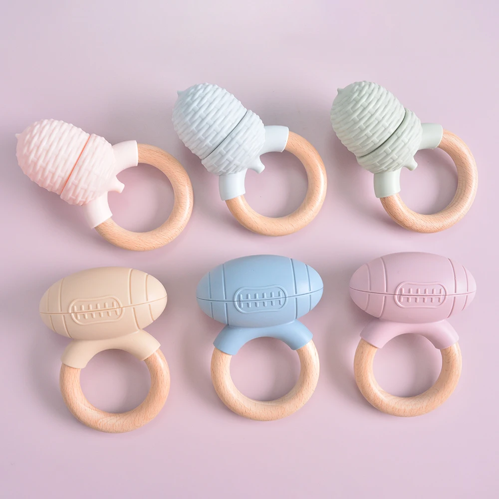 Maysun Wooden Teether Bells Silicone Rattles Baby Hanging Teether Toys Beech Wooden Ring Silicone Beads Infant Rattle Shake Toy