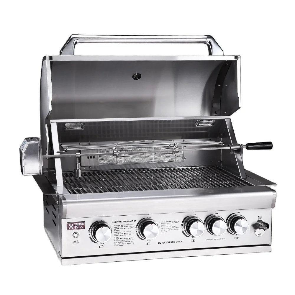 Premium SS304 Grill Multifunction Kitchen Built-in Gas Charcoal Double Use Burner BBQ Grill with Rotisserie
