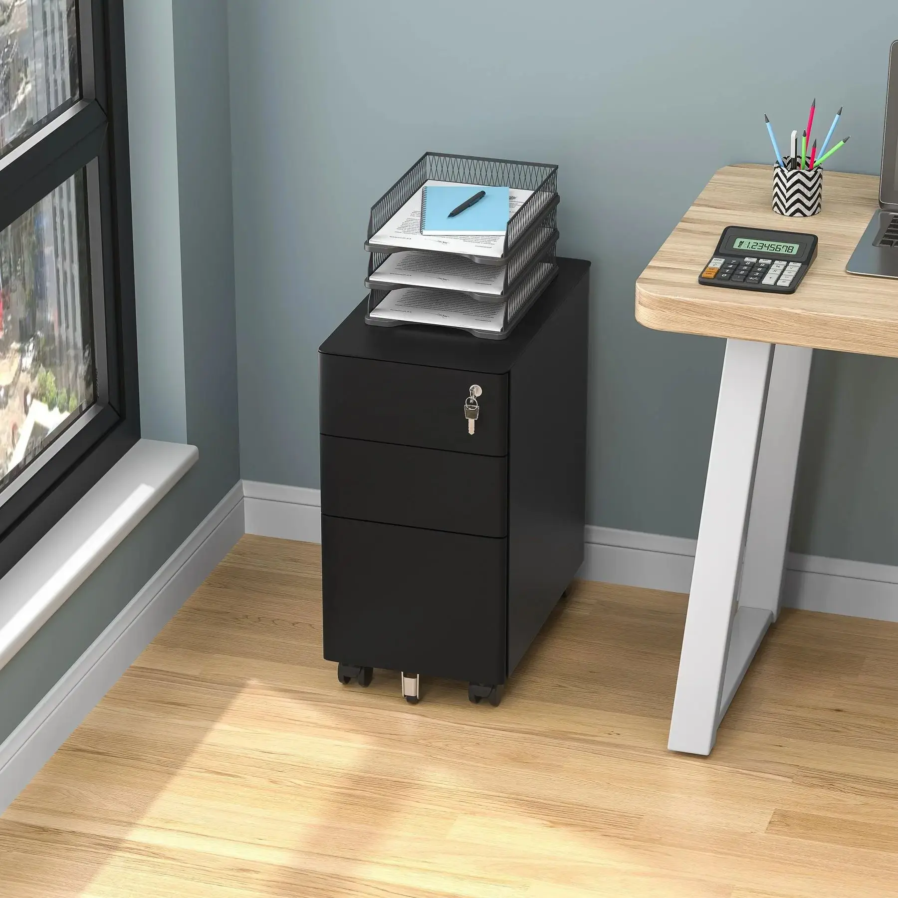Metal Mobile 300mm Width Slim File Cabinet Storage 3 Drawers Office Furniture Pedestal Modern Steel Rolling Mobile Cabinet