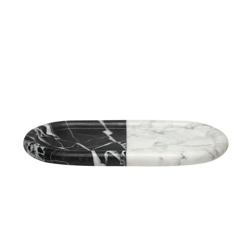 Natural stone marble black and white marble oval bowl catchall tray jewelry collection tray