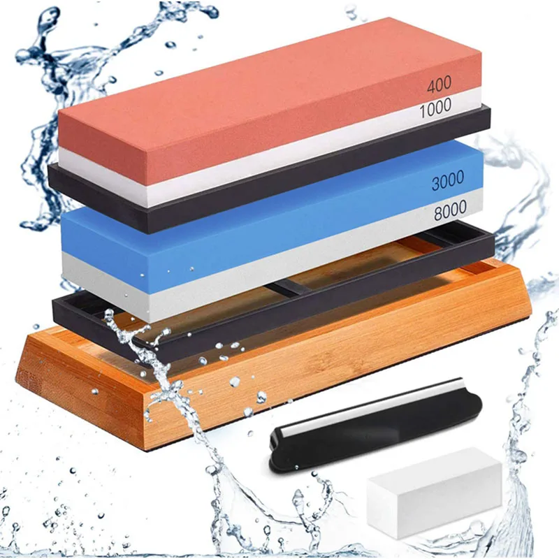 Non-slip Bamboo Base 400/1000 3000/8000 Premium Whetstone Knife Sharpener with Flattening Stone Knife Sharpening Stone Set