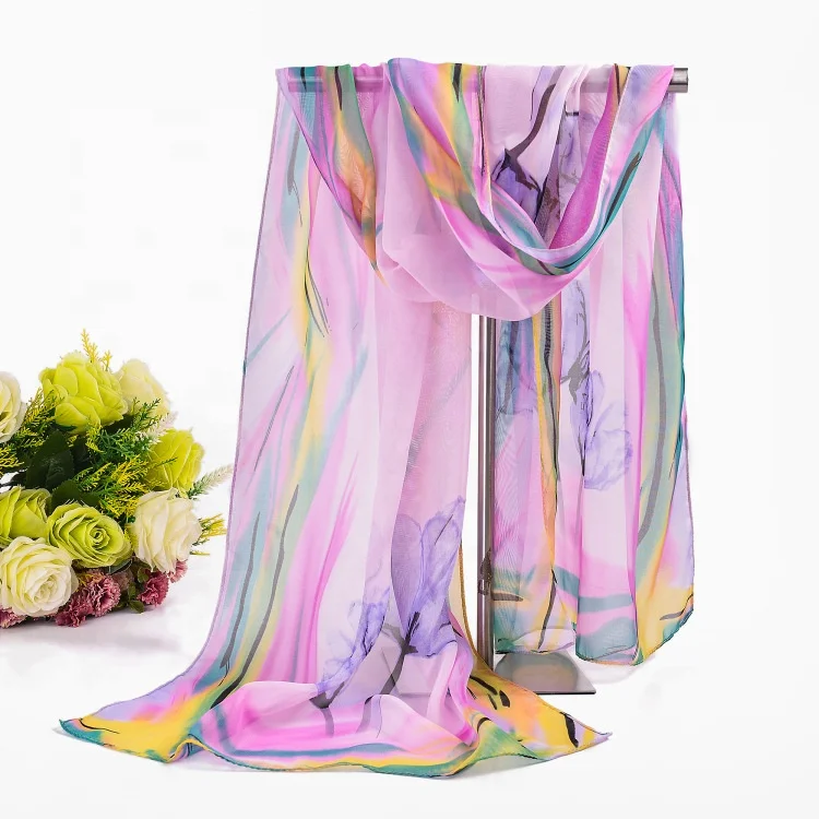 Kejia Hot Sale Print Flower Silk Chiffon Scarves Women Wrap Sunscreen Beach Cover Up Long Hijab Bandana Polyester Cape Female