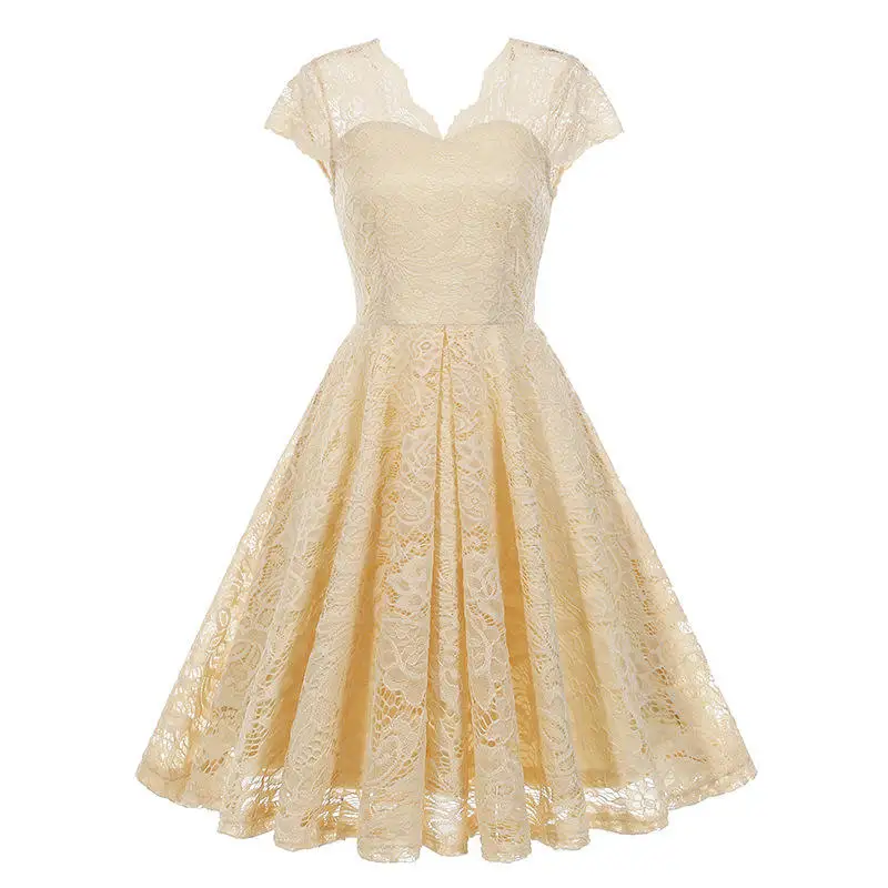 OEM Vintage Summer Maxi Dress for Women Elegant V-Neck Lace Skirt Small Cover Sleeve Beach Casual Holiday Party Wear Plus Size