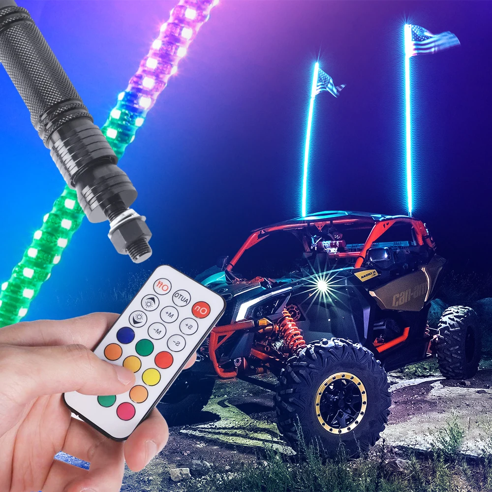 2PCS 5FT RZR Whip Lights Wire Harness 5050 Spiral RGB Led Whip Light For UTV ATV Off-Road Truck Sand Buggy Dune RZR Can-Am