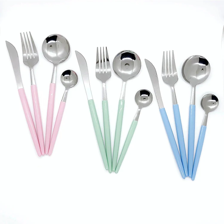 Disposable  Eco-friendly New Portuguese 4pcs plastic handle silver cutlery set Western tableware knife fork and spoon