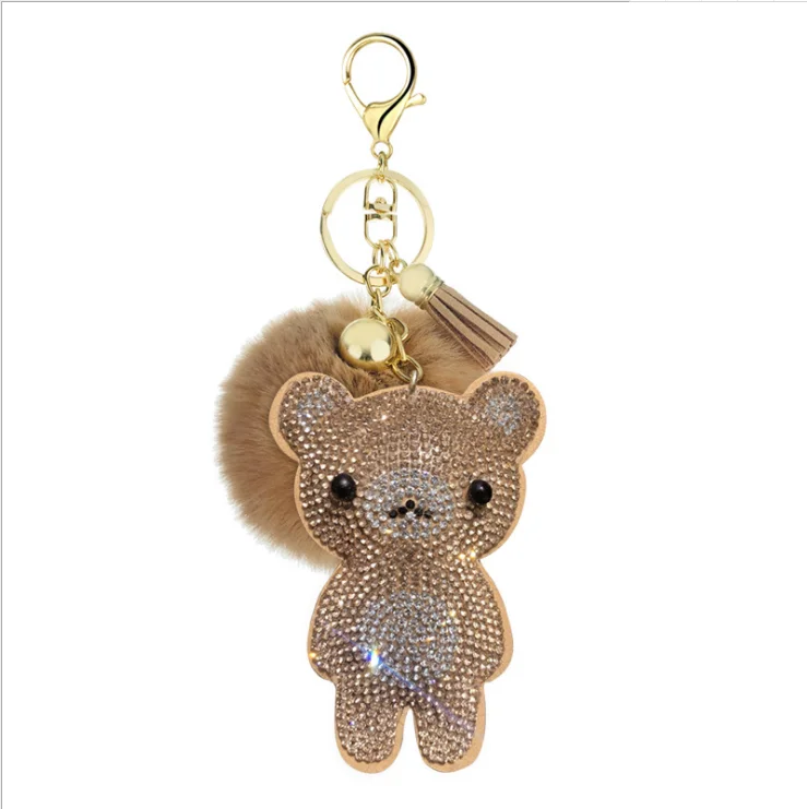 High Quality Leather Strap Car Key Chain Strass Rhinestone Bling Teddy Bear Keychain For Bag