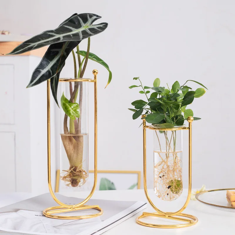 Wholesale creative nordic style metal gold glass vase for home decor