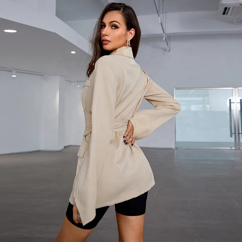 Shein Custom Double Crazy Lapel Collar Flap Detail Belted Women Casual Fashion Blazer