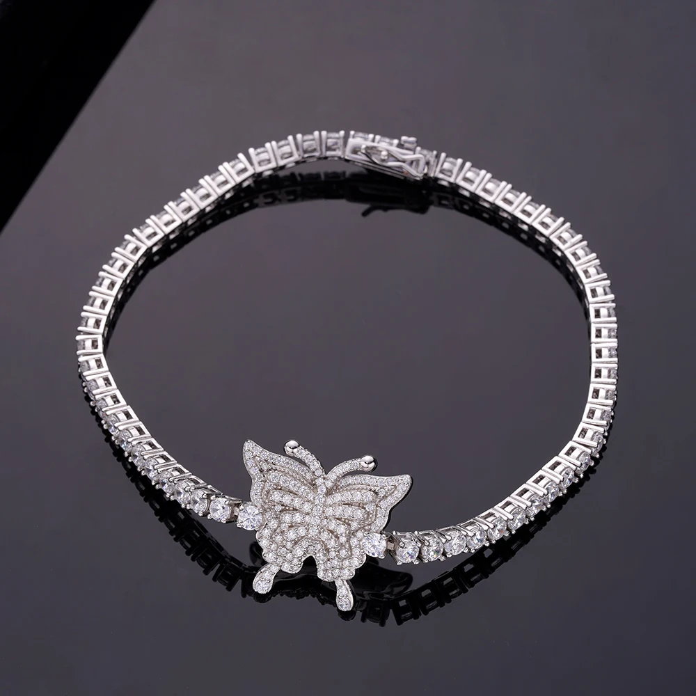 2024 Hot Hip Hop Jewelry 925 Sliver Iced Out Moissanite Bling Butterfly Tennis Cain Bracelet Bangles For Men