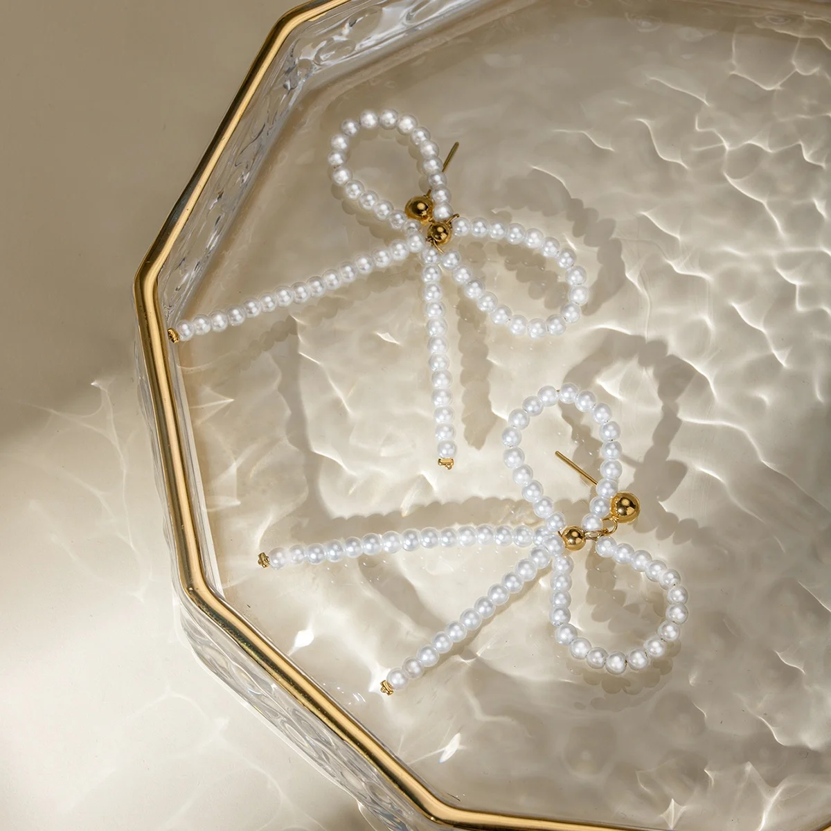 J&D Cute Bowknot Beads Design Glass Pearl 18K Real Gold PVD Plated Stainless Steel Bow Stud Earrings For Girls Daily