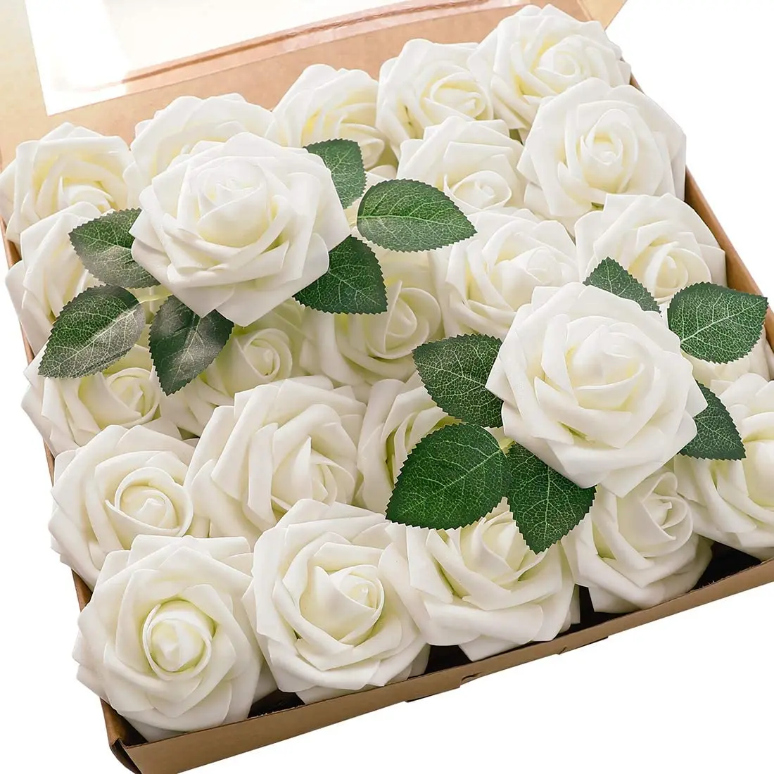 Artificial Flowers 25pcs Real Looking Ivory Foam Roses With Stems for DIY Wedding Bouquets Bridal Shower Arrangements Party