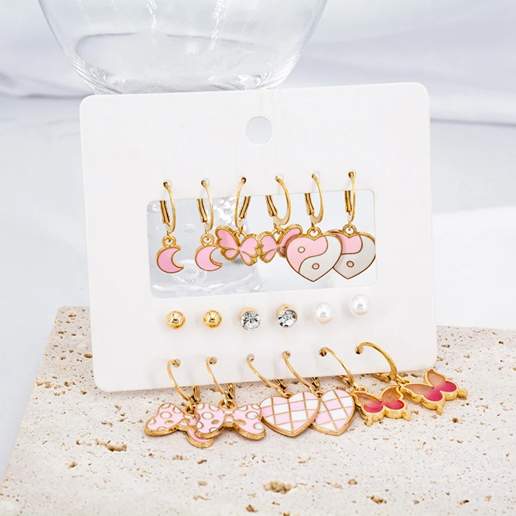 MSI-12 Wholesale Fashion Earrings Women Ear Jewelry Kit Pearl Alloy Knot Pink Heart Butterfly Moon Crystal 12 Pairs Earring Set