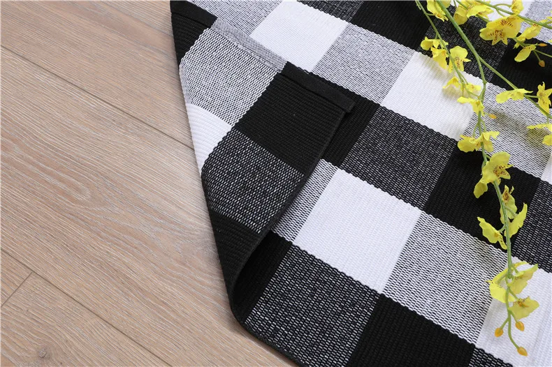 Buffalo Plaid Washable Navy Blue Stripe Entryway Outdoor Rug Cotton Hand-Woven Porch Front Door Mats