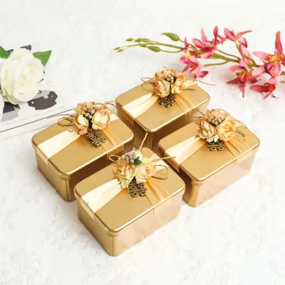 Rectangular /Round Metal Gold Red Wedding Candy Tin New Tinplate Wedding Gift Case Tins with small flower decorations TB110102