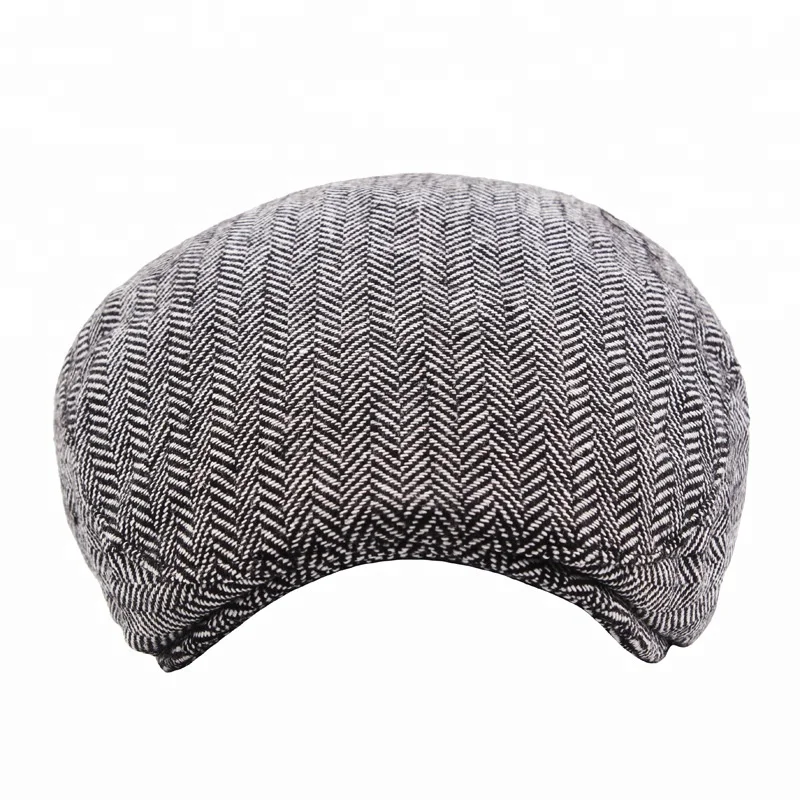 Custom Design Wholesale Cut and Sewn Tweed Hats Spring Autumn Herringbone Beret Hat Cabbie Wool Flat Top Ivy Cap for Men 4